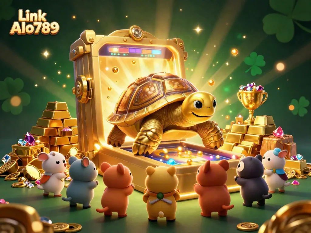 Engage with exciting betting action at Link Alo789 featuring a golden tortoise and treasure.