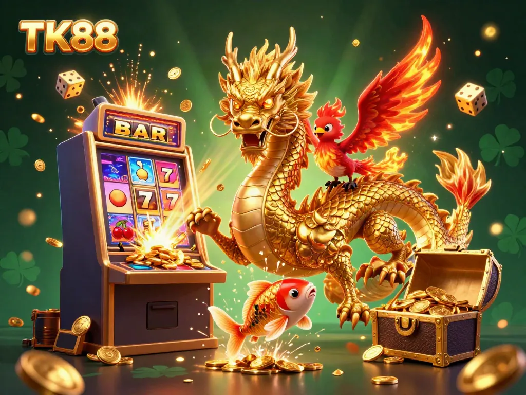 Experience thrilling wins at TK88 with a dynamic scene of a dragon, phoenix, and lucky symbols.