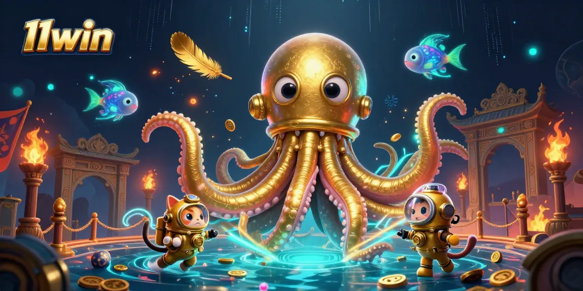 Bet on exhilarating casino adventures with 11win featuring a kraken and diving cat.