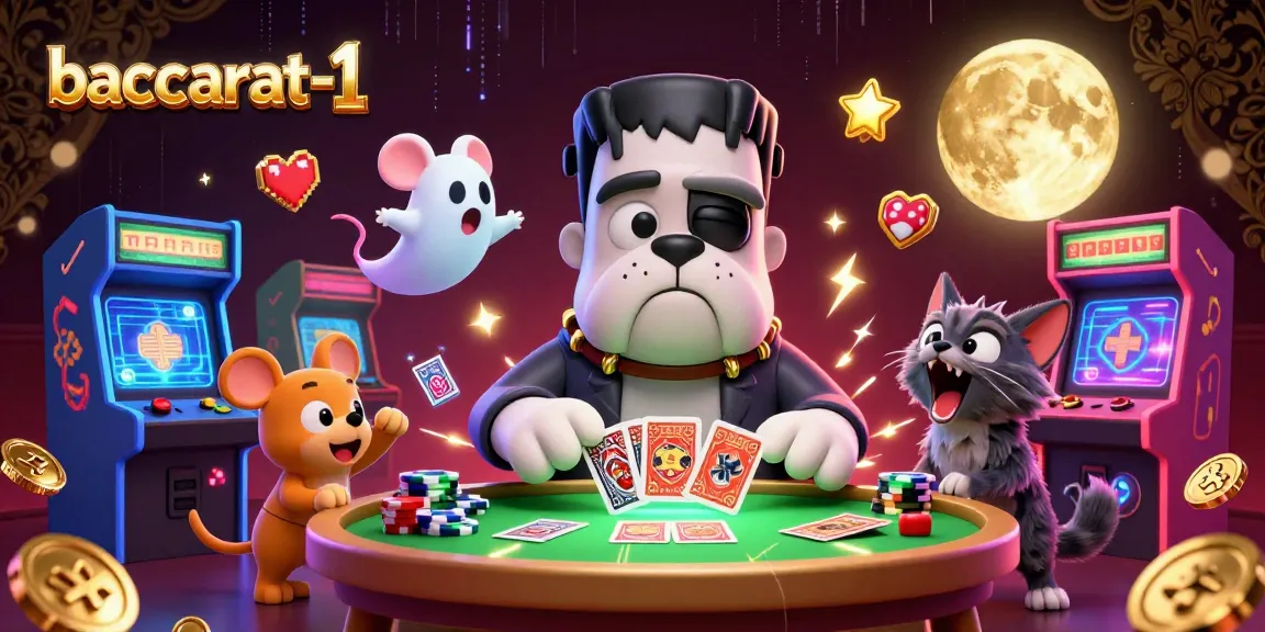 Engage with baccarat-1's thrilling game scene featuring a Frankenstein bulldog and playful characters.