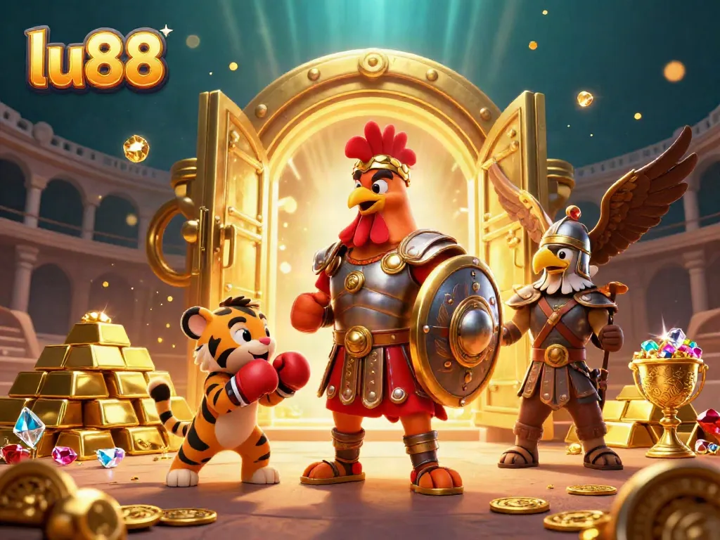 Experience thrilling wins at lu88 with a dynamic 3D gladiator-themed casino scene filled with treasure.