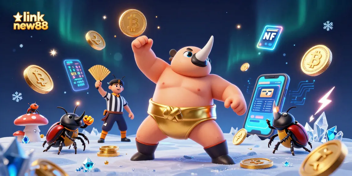 Engage with link new88 in an exciting 3D illustration of a beetle champion amidst casino-themed elements and crypto coins.