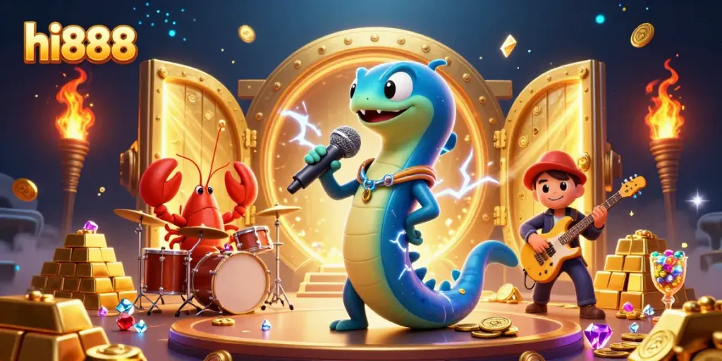 hi888 engages players in a vibrant underwater casino with electric eel DJ and gem treasures.