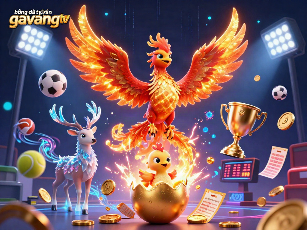 bóng đá trực tuyến gavangtv showcases a vibrant 3D sports betting scene with dynamic elements and characters.