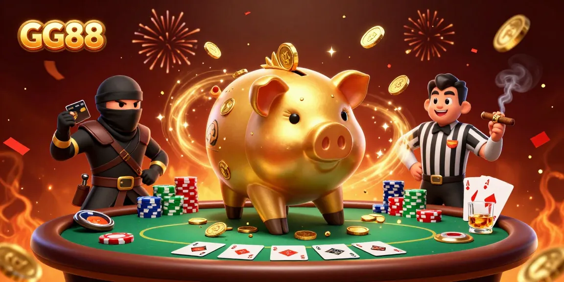Interactive scene showcasing GG88 with a golden piggy bank sumo wrestling amidst coins and poker elements.
