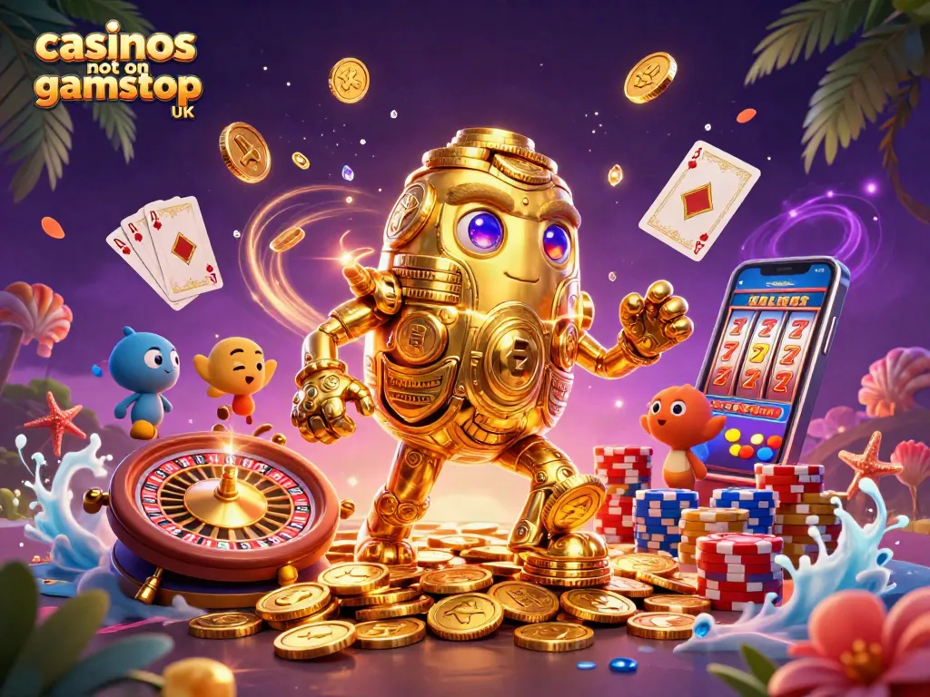 Spin big on casinos not on gamstop UK, featuring a vibrant dynamic 3D scene with casino elements.