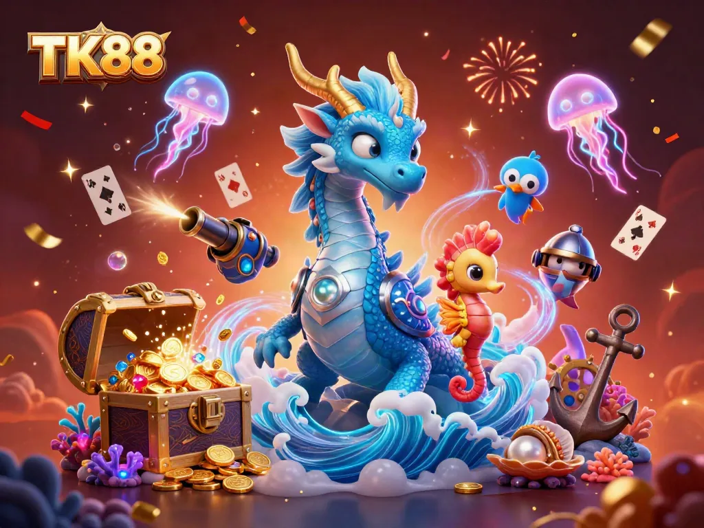 Experience the excitement of TK88 gaming with vibrant characters and casino-themed elements.