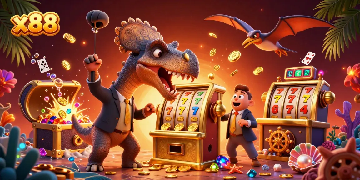 x88 slot machine interacts with a pachycephalosaurus in a vibrant casino scene filled with jewels and coins.