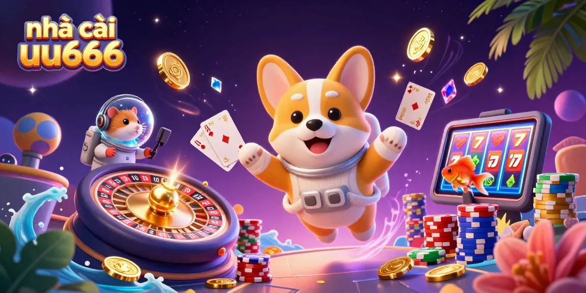 Experience exciting gameplay at nhà cái uu666 with a 3D casino illustration featuring floating poker chips and vibrant characters.