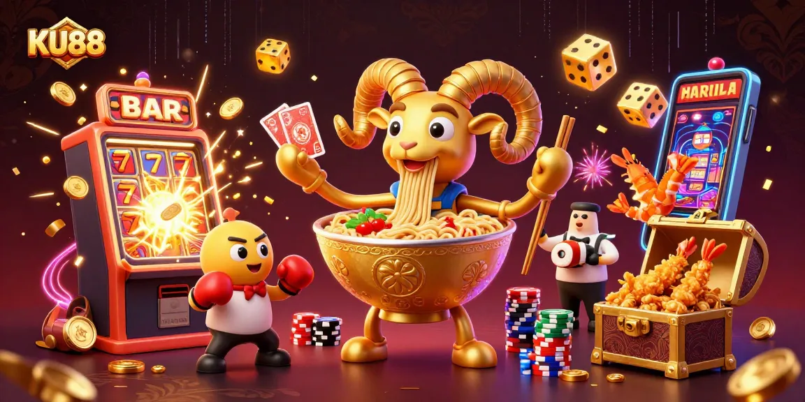 KU88 entertains with a dynamic golden ramen bowl dealer and explosive casino action.