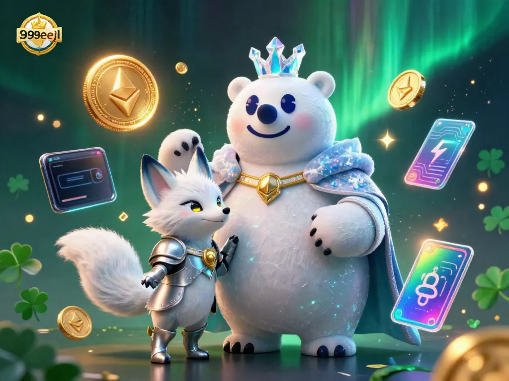 Experience the thrill of crypto gaming with 999eejl's dynamic illustration featuring a majestic polar bear and a fox.