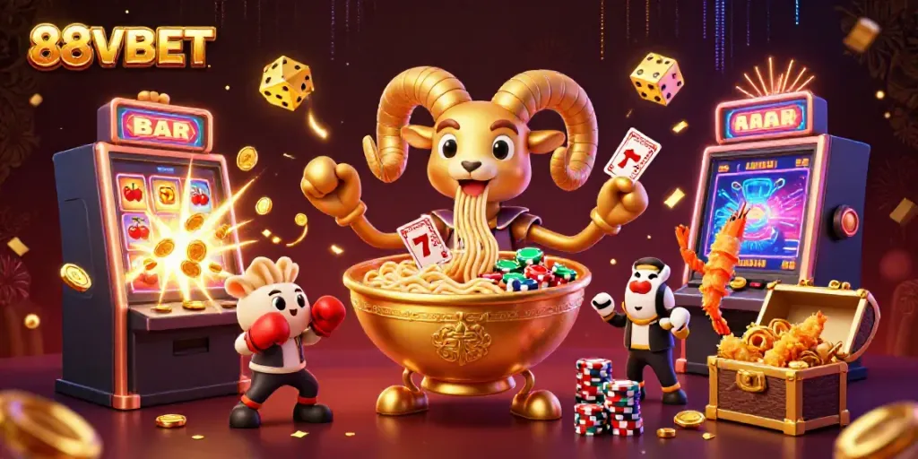 Engaging illustration depicting 88VBET casino action with a vibrant ramen bowl character and slot machine