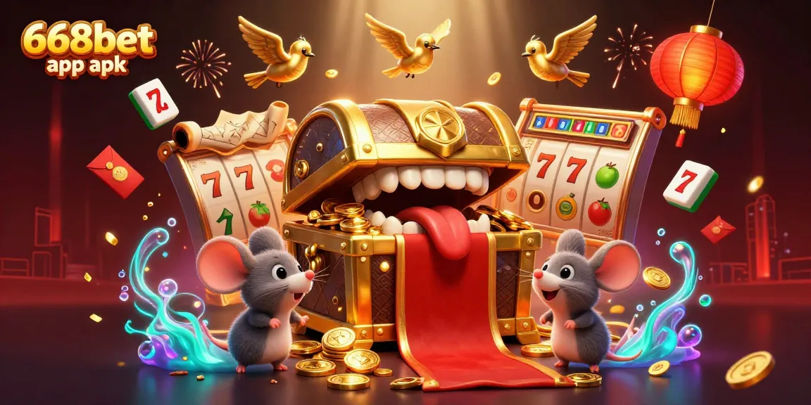 Engage with the exciting 668bet app apk in a vibrant 3D casino scene filled with treasures and games.