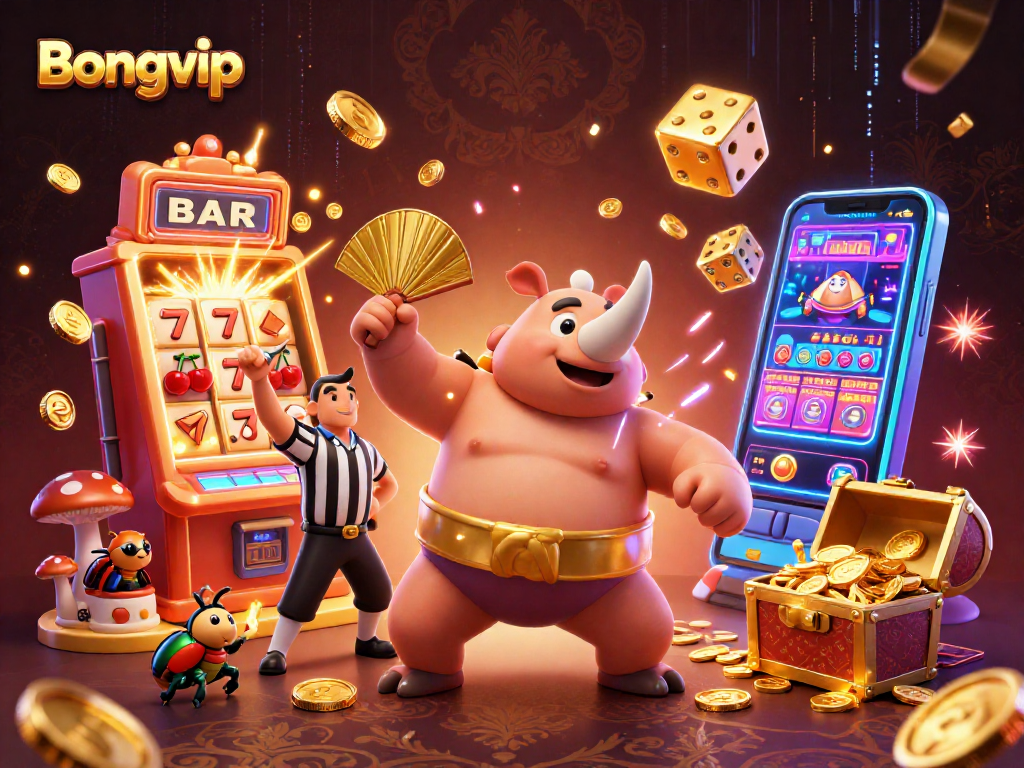 Bongvip offers thrilling online gaming experiences with a lively 3D cartoon illustration of a sumo champion beetle amid a colorful casino scene.