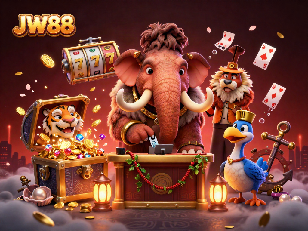 Experience JW88's lively casino scene with cartoon characters and vibrant gaming elements.