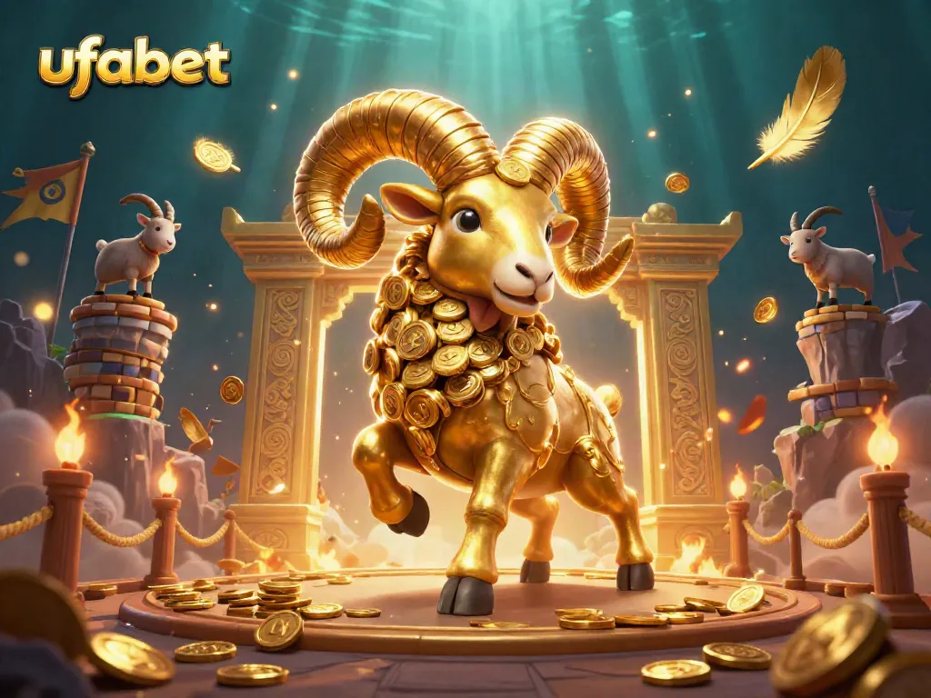 Engage with ufabet's gaming world featuring a dynamic 3D scene of golden ram at a casino arena.