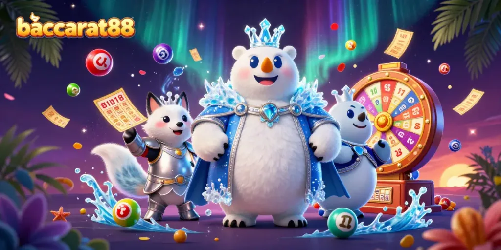 Baccarat88 gameplay featuring an ice king polar bear and snow fox in a dynamic casino setting.