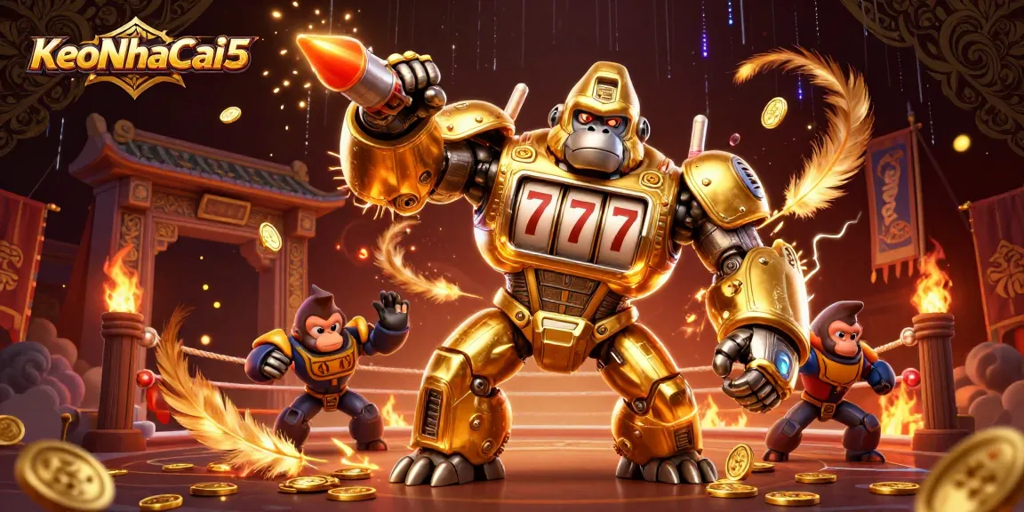 KeoNhaCai5 showcases a golden gorilla mech amidst dynamic casino elements and vibrant energy.