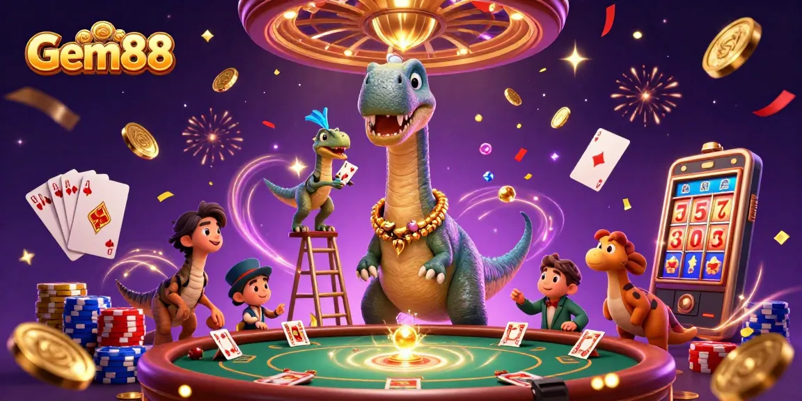 Experience thrilling gameplay at Gem88 with a vibrant casino scene featuring dinosaurs and dynamic slots.