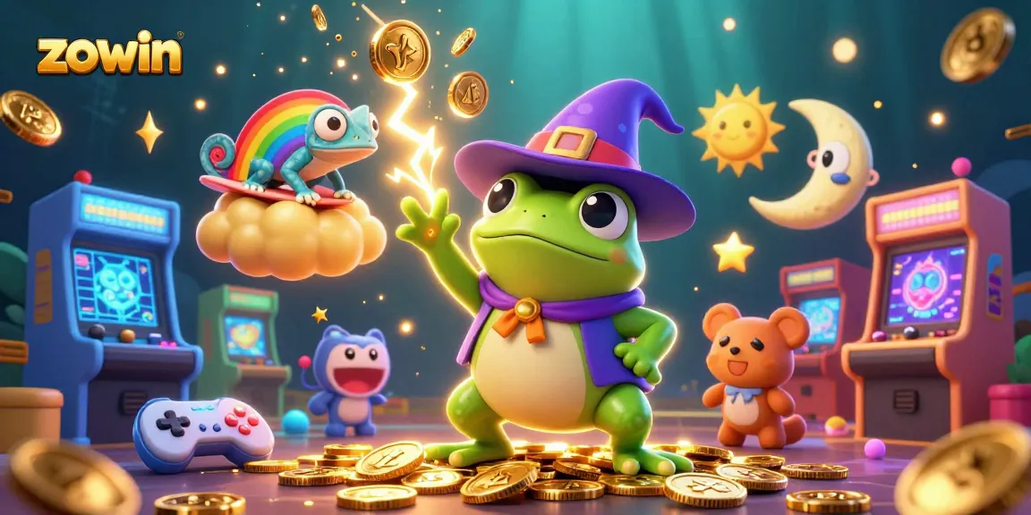Zowin's magical casino adventure with a storm of coins, vibrant characters and gaming excitement.