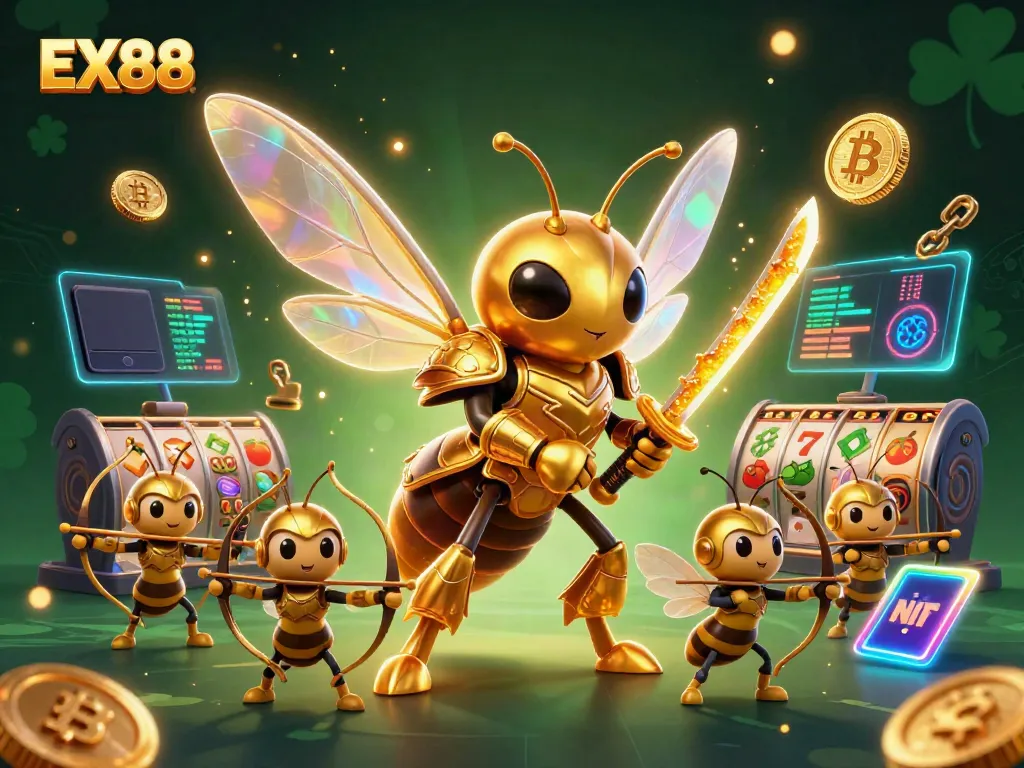 Engage in thrilling casino action with the EX88 hornet warrior amidst vibrant crypto visuals.