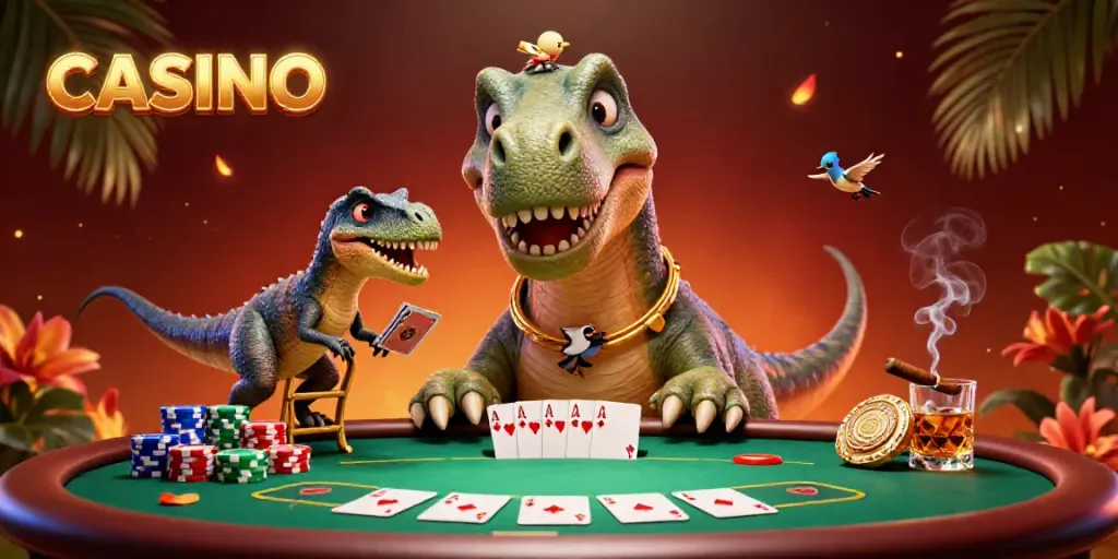 Engage in a vibrant casino scene with a giant brontosaurus and clever raptor dealing cards.