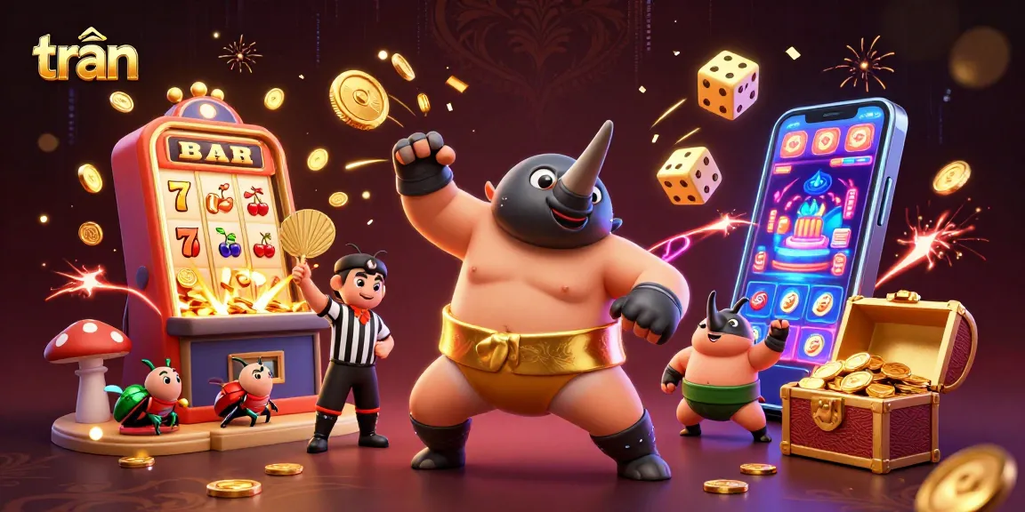 Betting action at trần themed casino with vibrant characters, coins, and slot machine excitement.