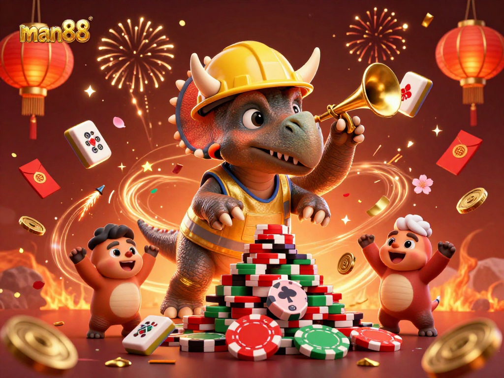 Experience the thrill of man88 as the triceratops builds a vibrant pyramid of poker chips.