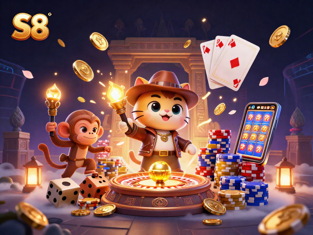 Experience thrilling adventures in gambling with S8 while discovering golden treasures in this vibrant casino scene.