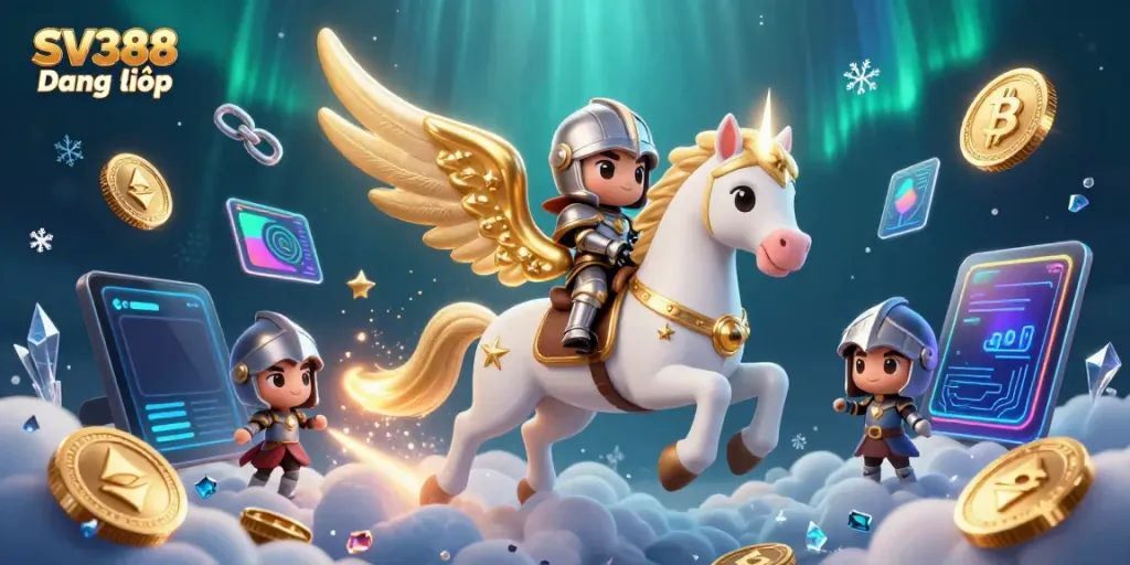 Engage with the dynamic world of SV388 Đăng nhập featuring a celestial white horse, knight, and vibrant crypto elements.