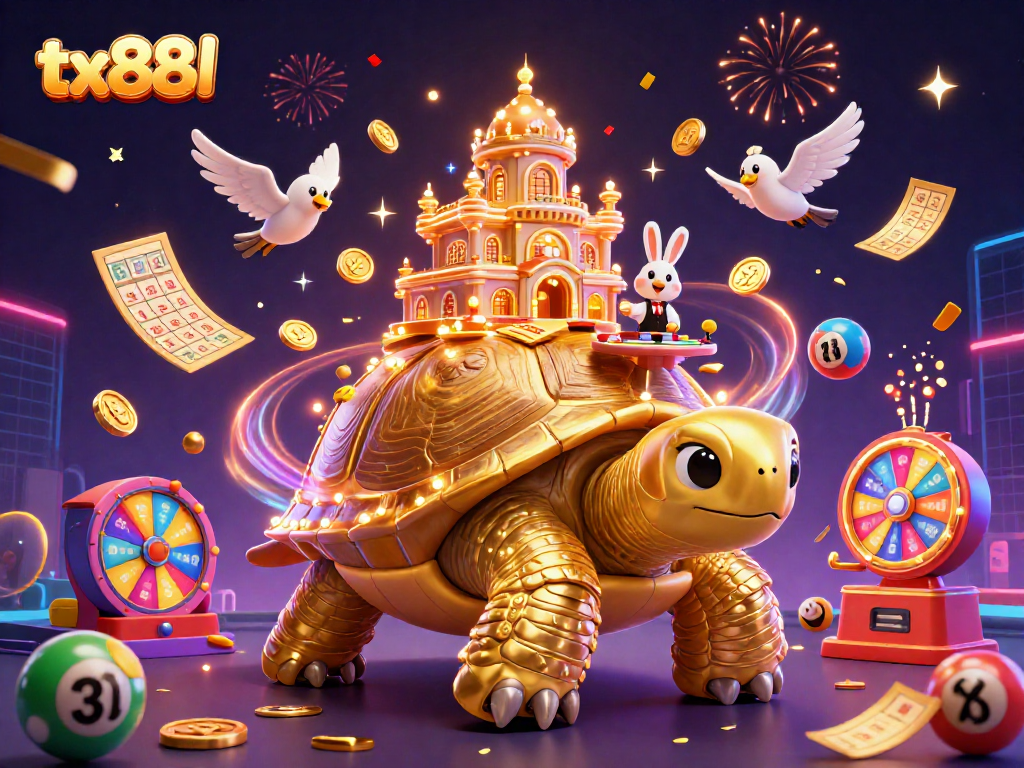 Join the excitement at tx88l with our vibrant casino-themed illustration showcasing a rabbit dealer, golden tortoise, and bouncing lottery balls.