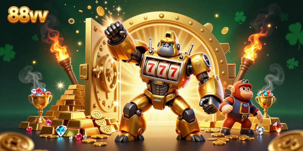 Engage in 88vv gaming with a dynamic 3D scene featuring a golden gorilla mech and treasures bursting forth.