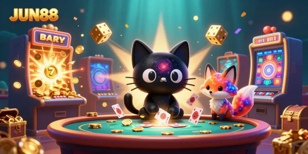 Experience the excitement of JUN88 as a black hole cat pulls in winning chips at a cosmic casino.