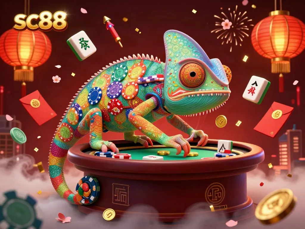 Engage with sc88 at a dynamic casino scene featuring a colorful chameleon owner amidst gold coins and gaming elements.