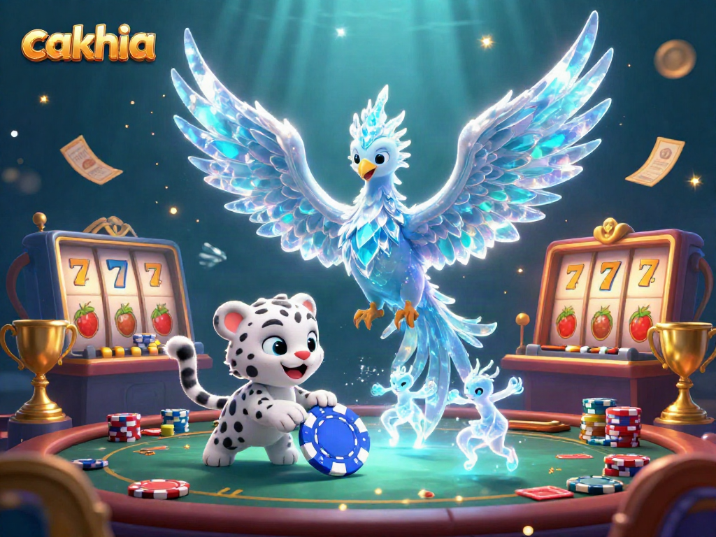 cakhia captures the excitement of casino games with a vibrant 3D scene filled with an ice phoenix and slot reels.
