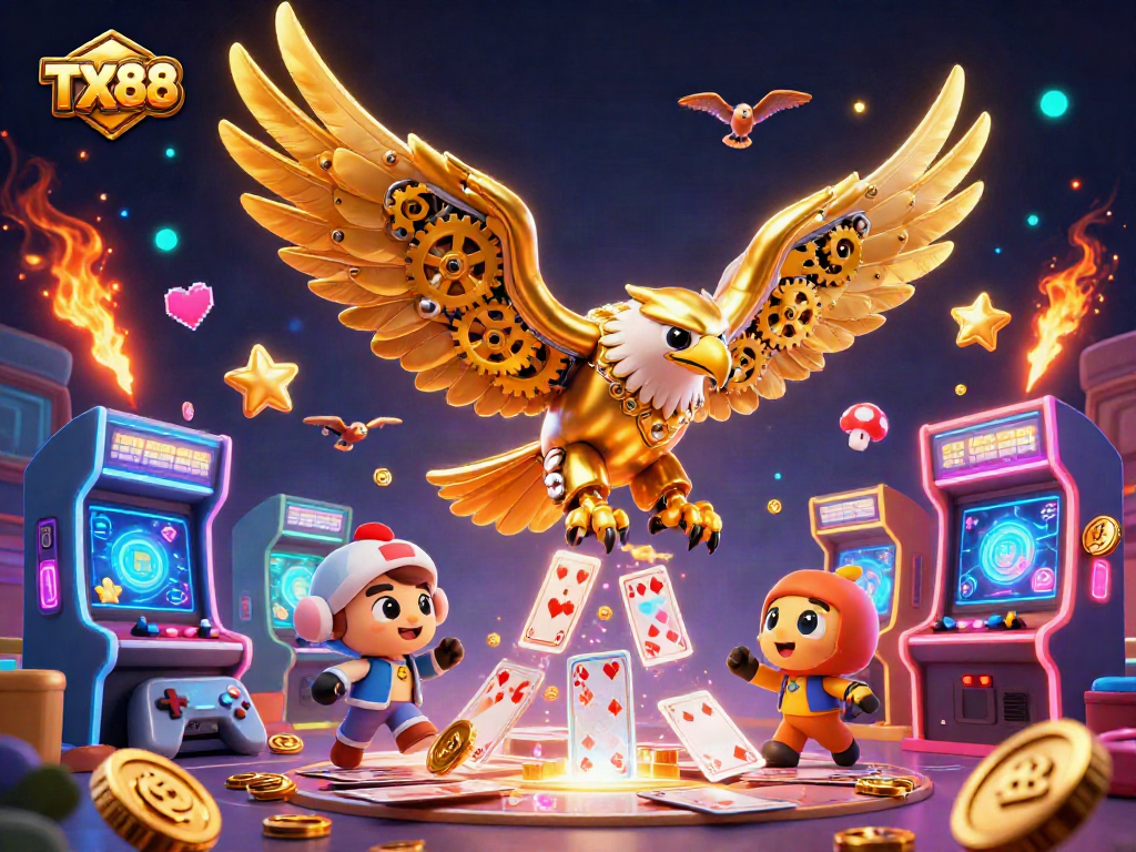 Experience the thrill of TX88 as a golden eagle dives through holographic cards amid vibrant gaming elements.