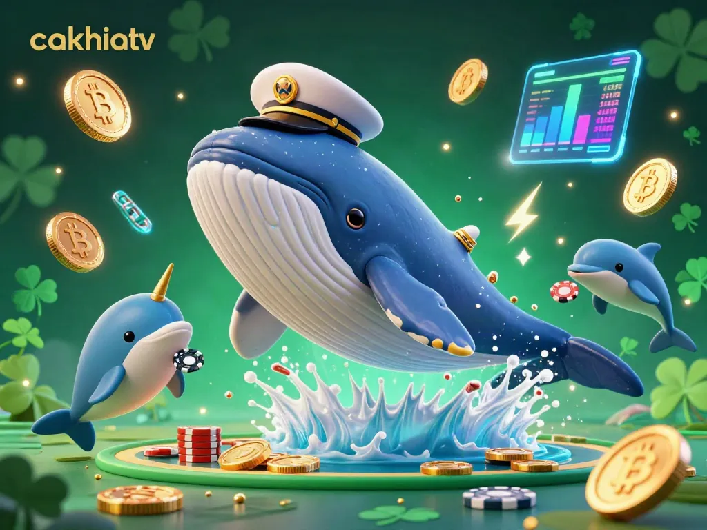 Cakhiatv showcases a vibrant sports betting scene with a whimsical whale and dolphins celebrating with coins and crypto assets.