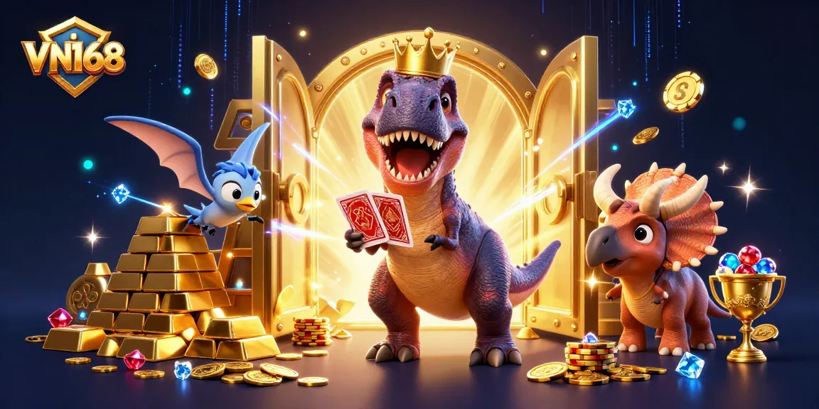 Engage with thrilling gaming adventures at VN168 while the T-Rex shuffles cards with colorful gems.