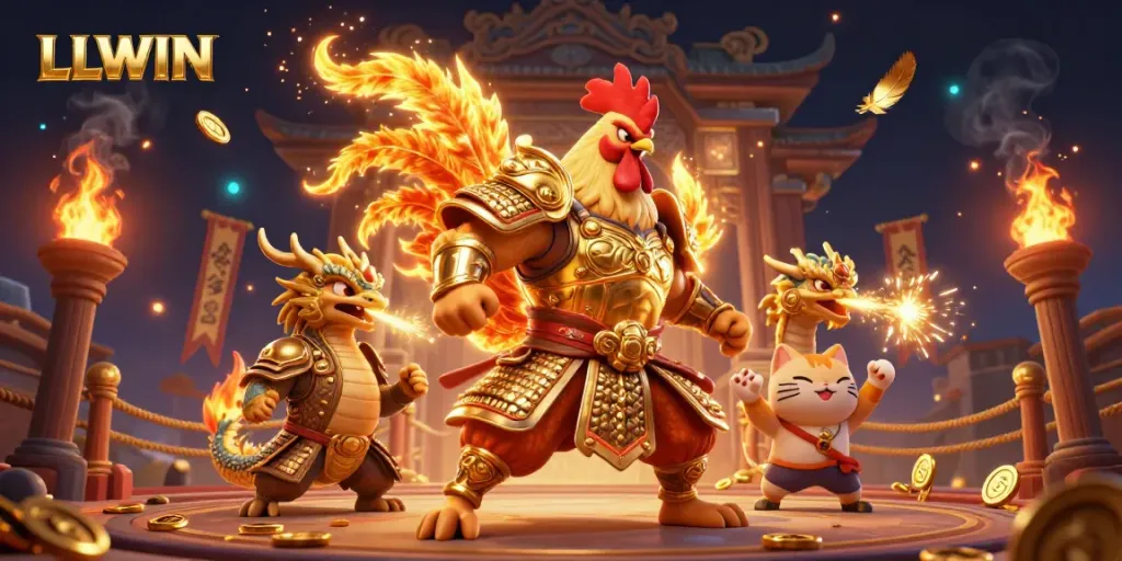 Engage with LLWIN's vibrant gaming universe featuring a rooster warrior and dragon hatchling.