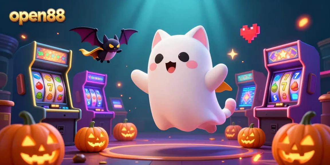 Win big at open88 with dynamic casino elements in a colorful, vibrant scene featuring ghostly characters.