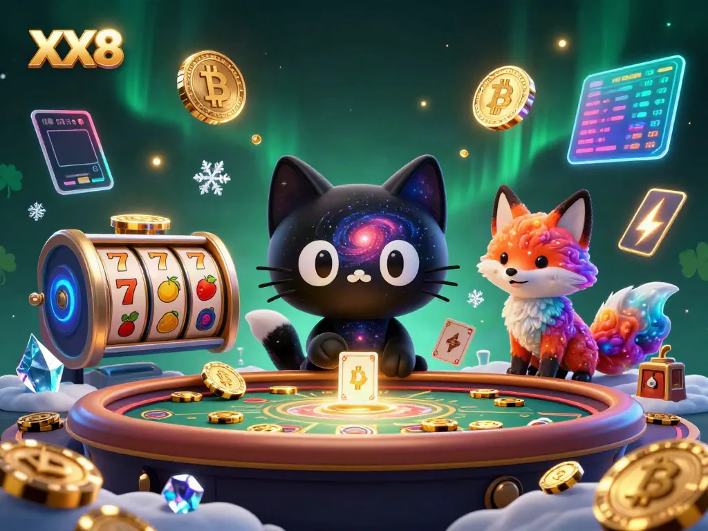 A captivating cosmic scene with the XX8 black hole cat at a casino table amidst vibrant games and colorful currency.