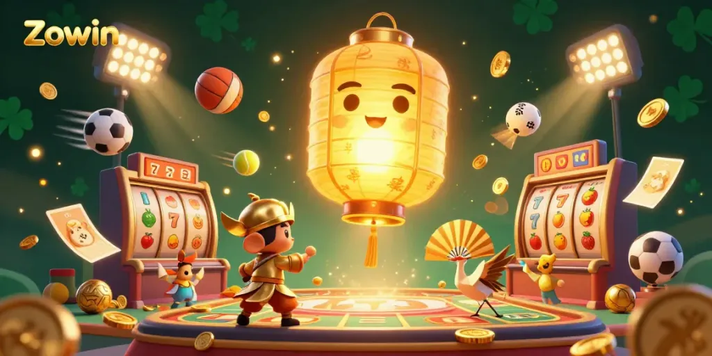 Zowin's online casino illuminated by a golden lantern spirit and dynamic game elements, showcasing engaging gameplay.