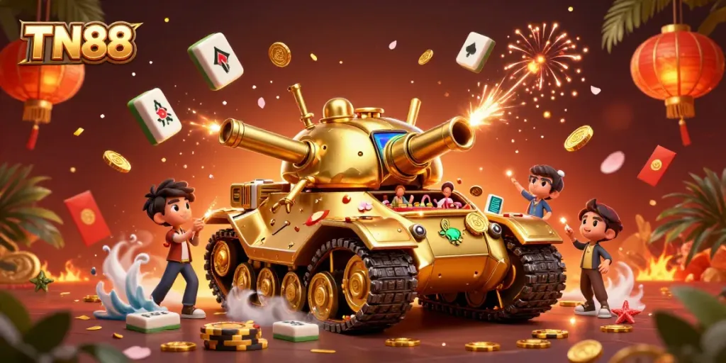 Experience the excitement of TN88 casino with a vibrant 3D illustration showcasing golden beetle tank elements and festive decorations.