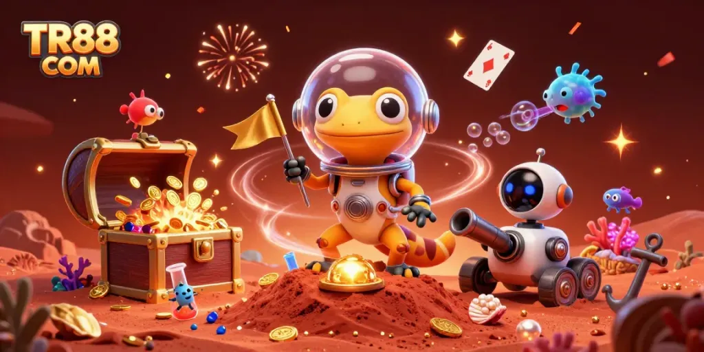 Engage in thrilling gaming at TR88 COM with vibrant 3D illustration showcasing a Martian gecko discovering a treasure-filled casino.
