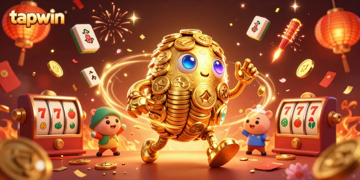 Experience tapwin's thrilling gameplay with a vibrant 3D illustration showcasing golden golem and festive elements.