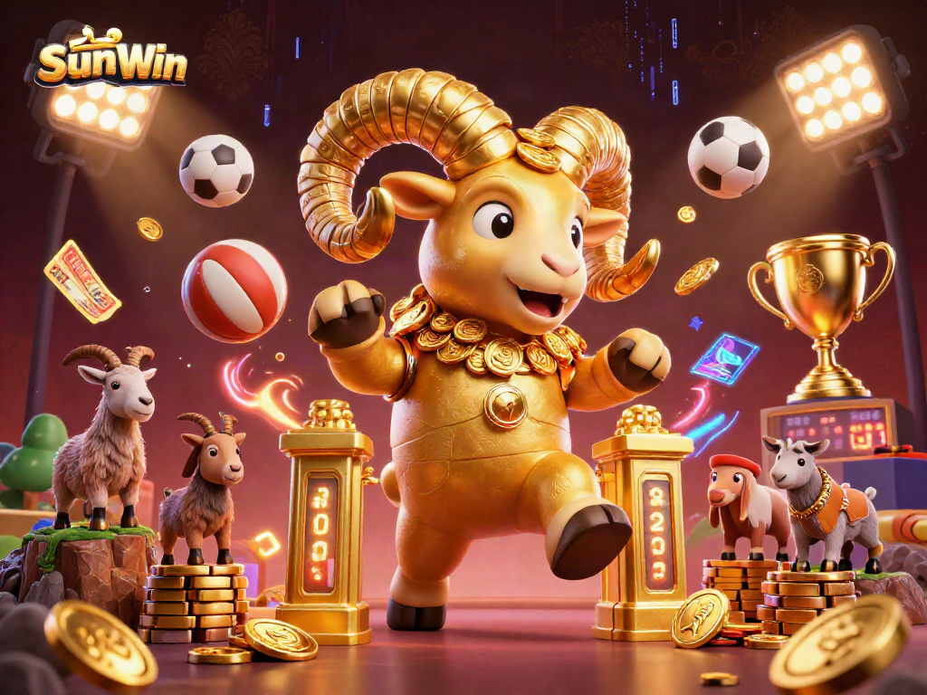 SunWin showcases dynamic gaming action with iconic golden ram and vibrant casino elements.