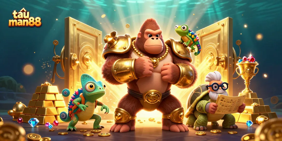 Engage with tải man88 in this dynamic casino scene featuring a gorilla king, a chameleon companion, and treasure.