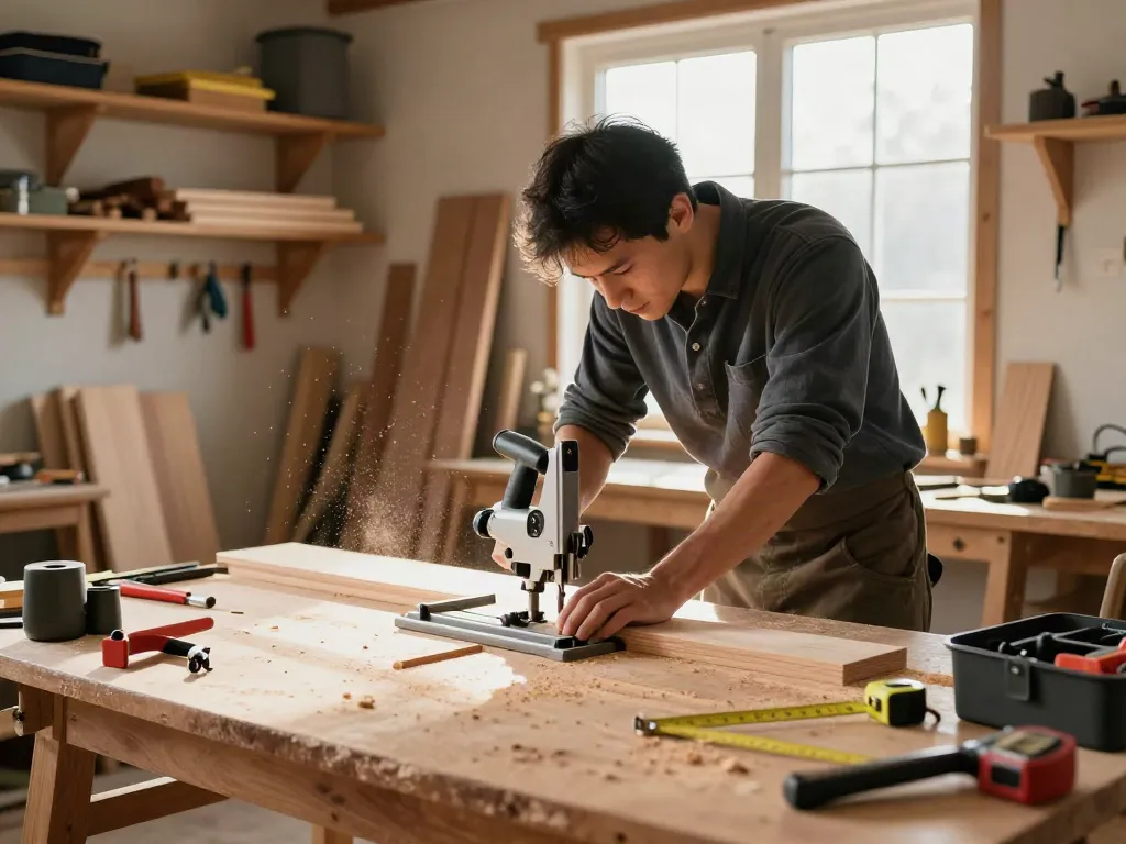 Manual mitre saw in use by a craftsman in a well-organized workshop, surrounded by woodworking tools.