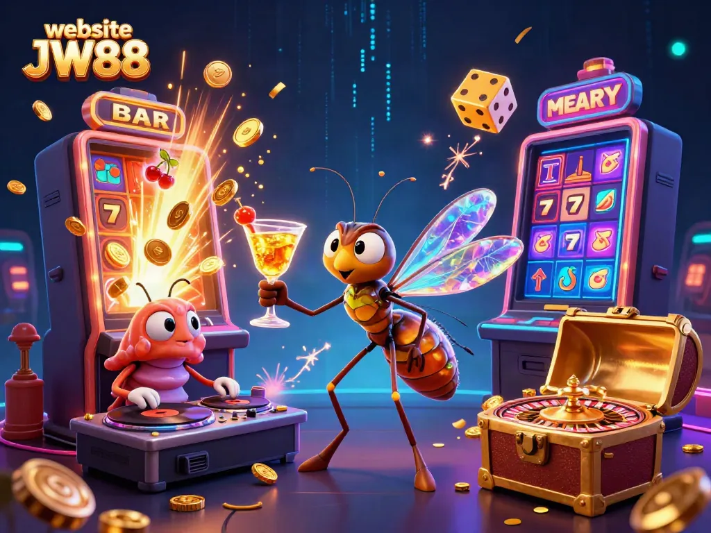 Experience the vibrant excitement of the website JW88, with casino characters and dynamic winnings in a colorful scene.