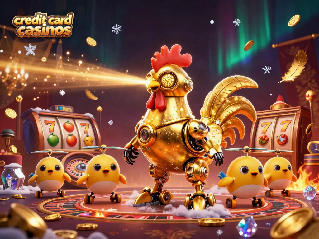 Engage with dynamic credit card casinos gameplay featuring a golden rooster robot and baby chick drones in a vibrant casino scene.